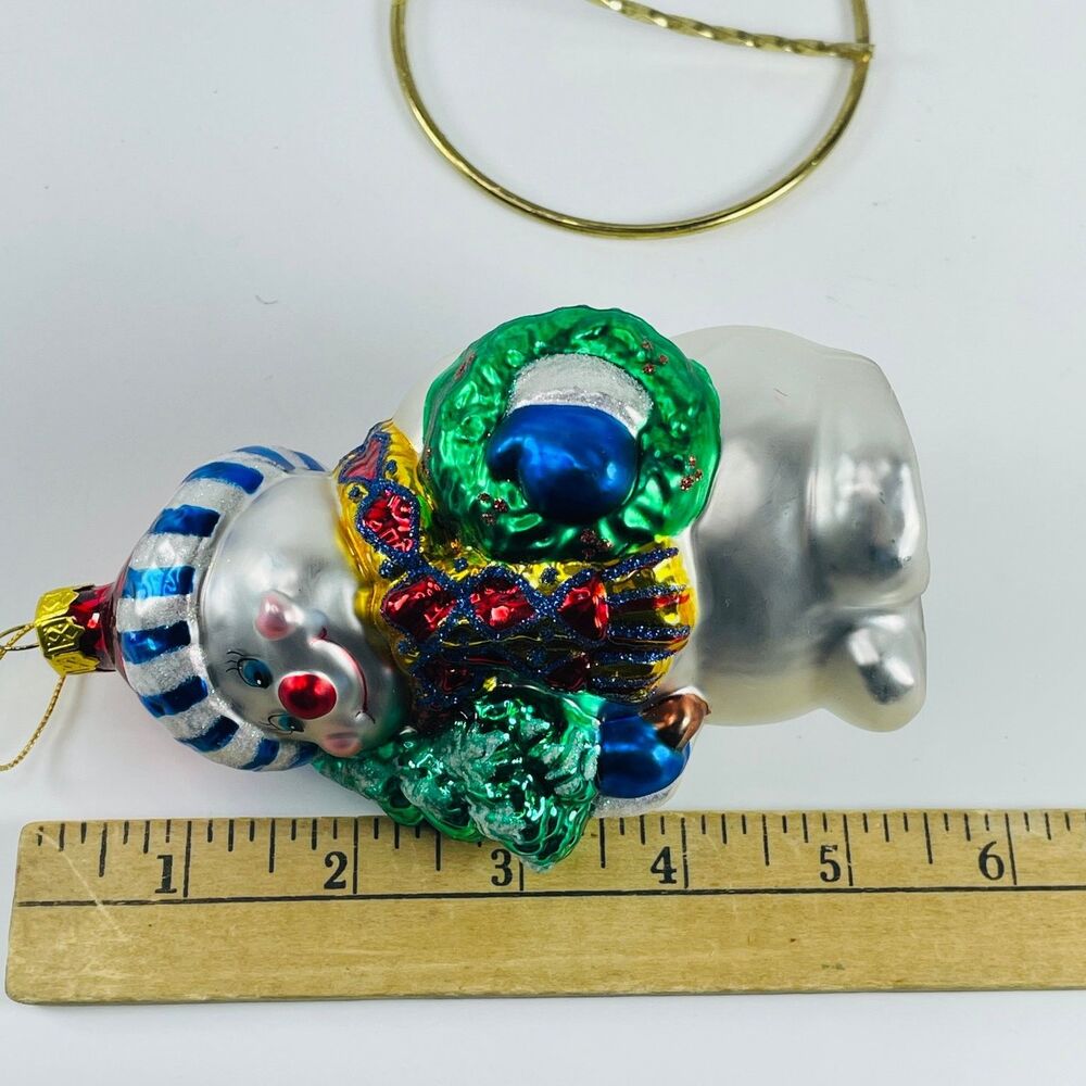 Glass Snowman Christmas Ornament with Tree Wreath Large Hand Painted Holiday - Picture 6 of 6